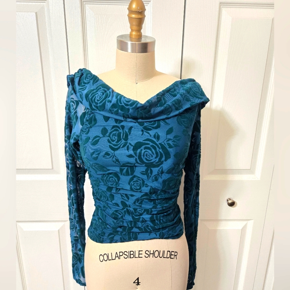 Teal Velvet With Roses Off The Shoulder Top, XSmall, Semi Sheer Sleeves, New